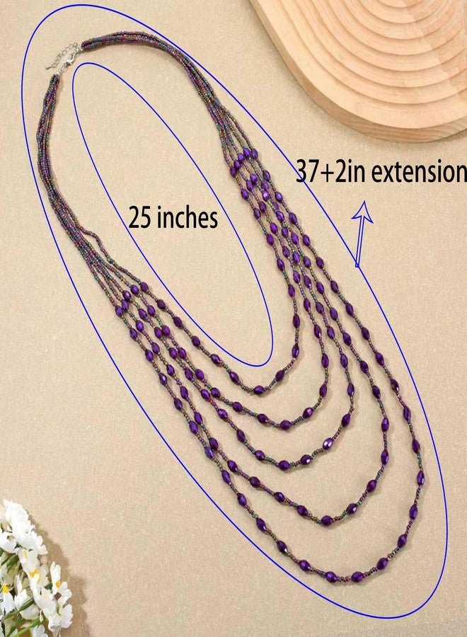 Xalroco Long Layered Necklace for Women Trendy Colorful Boho Chunky Crystal Beaded Jewelry Womens Dainty Statement Fashion Necklaces Costume Bead Strand Necklace (Purple) - Image 4